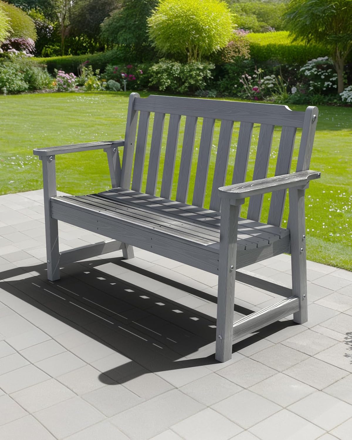 Outdoor Bench, 2-Person HDPE Garden Bench, All Weather Poly Patio Bench for Outdoors, Garden, Backyard, Porch and Park, 660 lbs Weight Capacity, Grey, 2 Pack