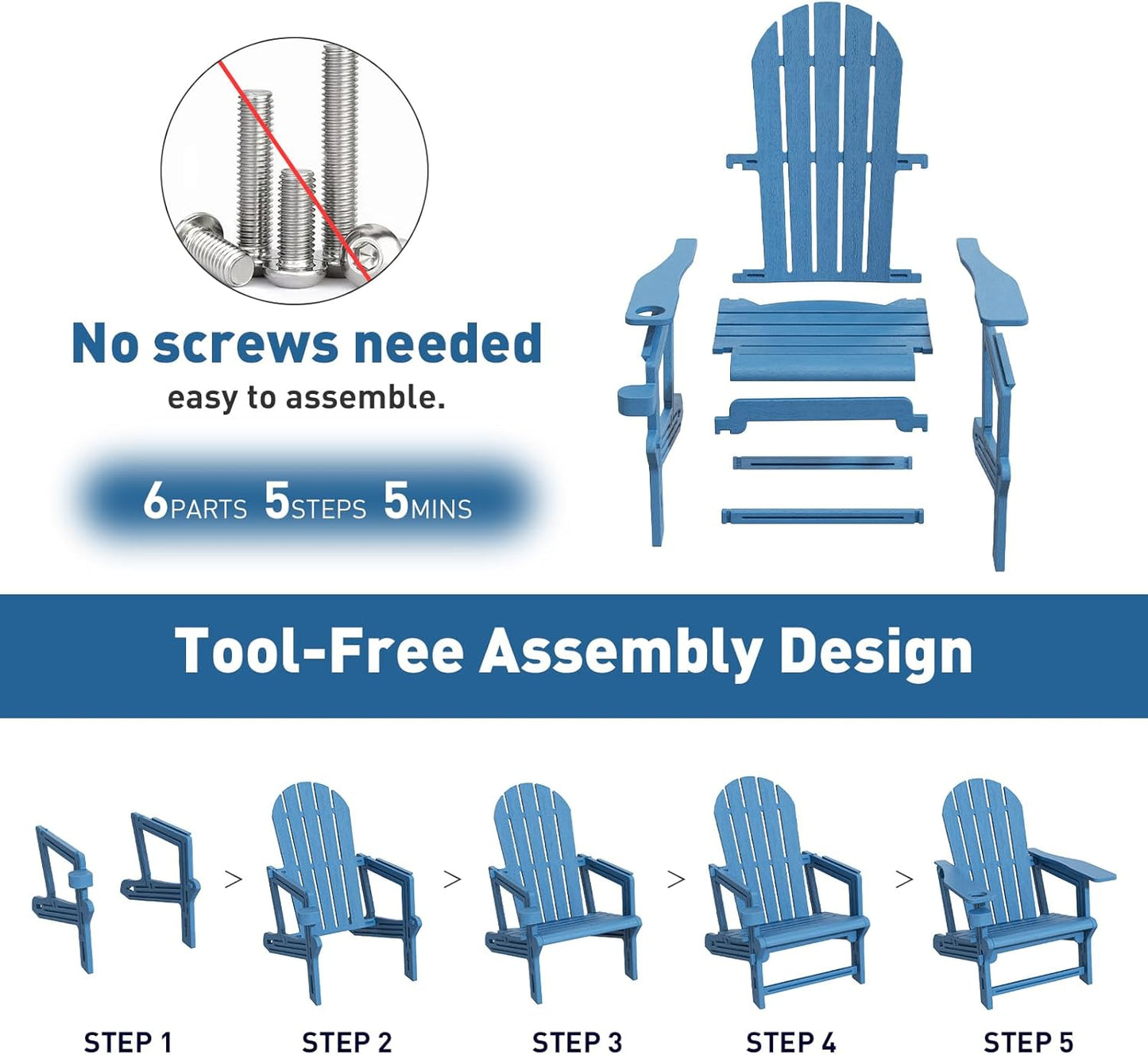 Adirondack Chairs Set of 2, Tool-Free Assembly All-Weather Plastic Adirondack Chairs, HDPE Fire Pit Chairs with Cup Holder, Outdoor Chair for Patio Garden (Blue)