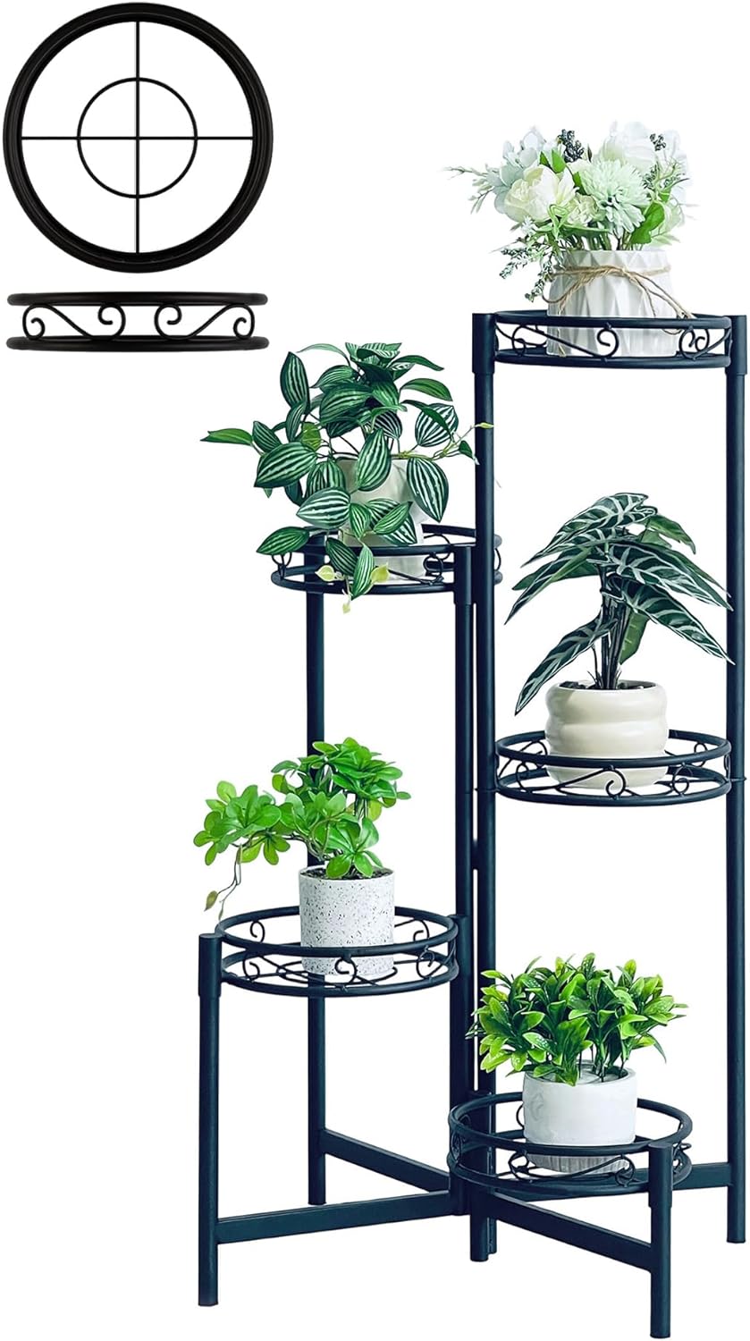 Metal Plant Stand Indoor Outdoor, 5 Tier 5 Potted Multiple Plant Shelf Stands, Wrought Iron Flower Holder Shelf, Folding Tall Rack Shelf for Patio, Balcony, Corner Living Room - BlackCircle