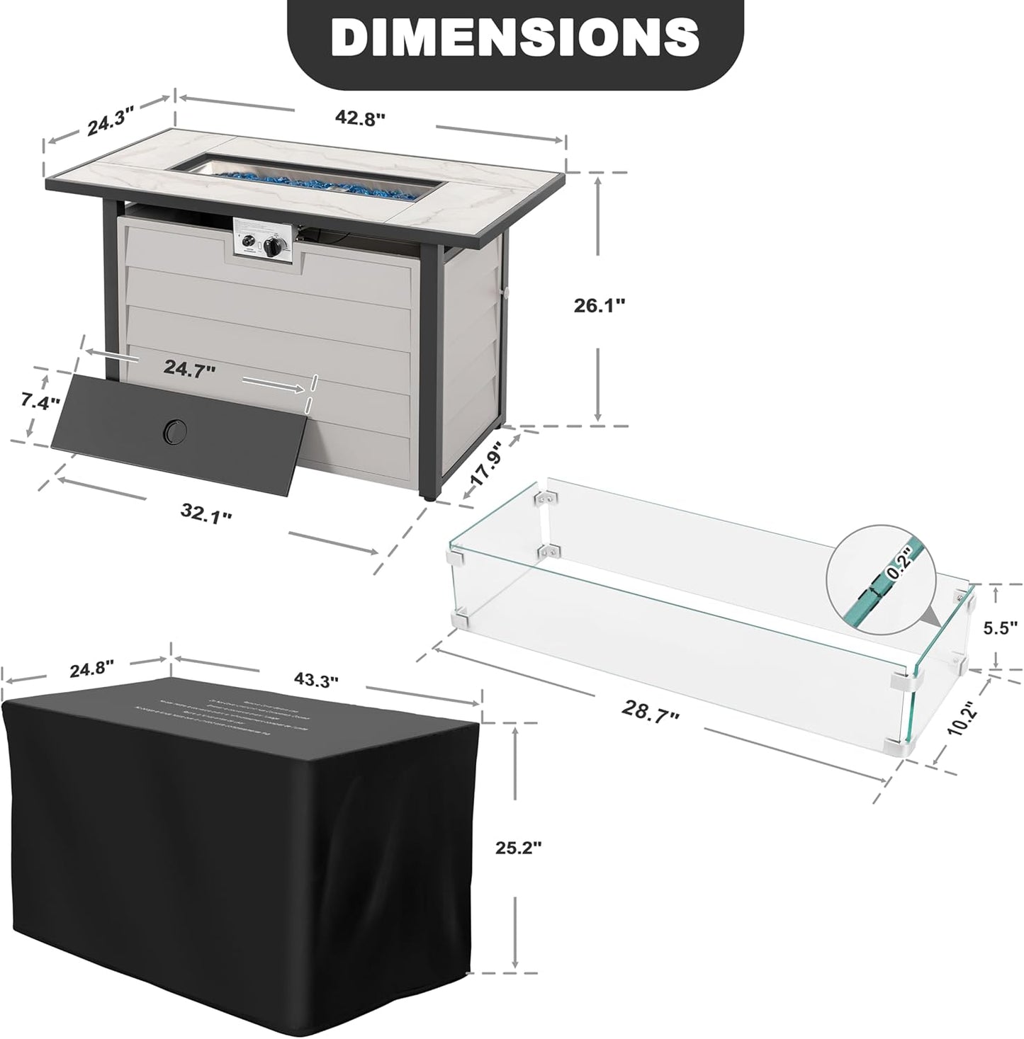 Nuu Garden 43'' Patio Propane Fire Pit Table, 50,000 BTU Gas Fire Pit with Marble-Textured Glass Top, Wind Guard, Lid, Glass Beads, CSA-Certified, 2-in-1 Outdoor Table for Gatherings, Ivory White