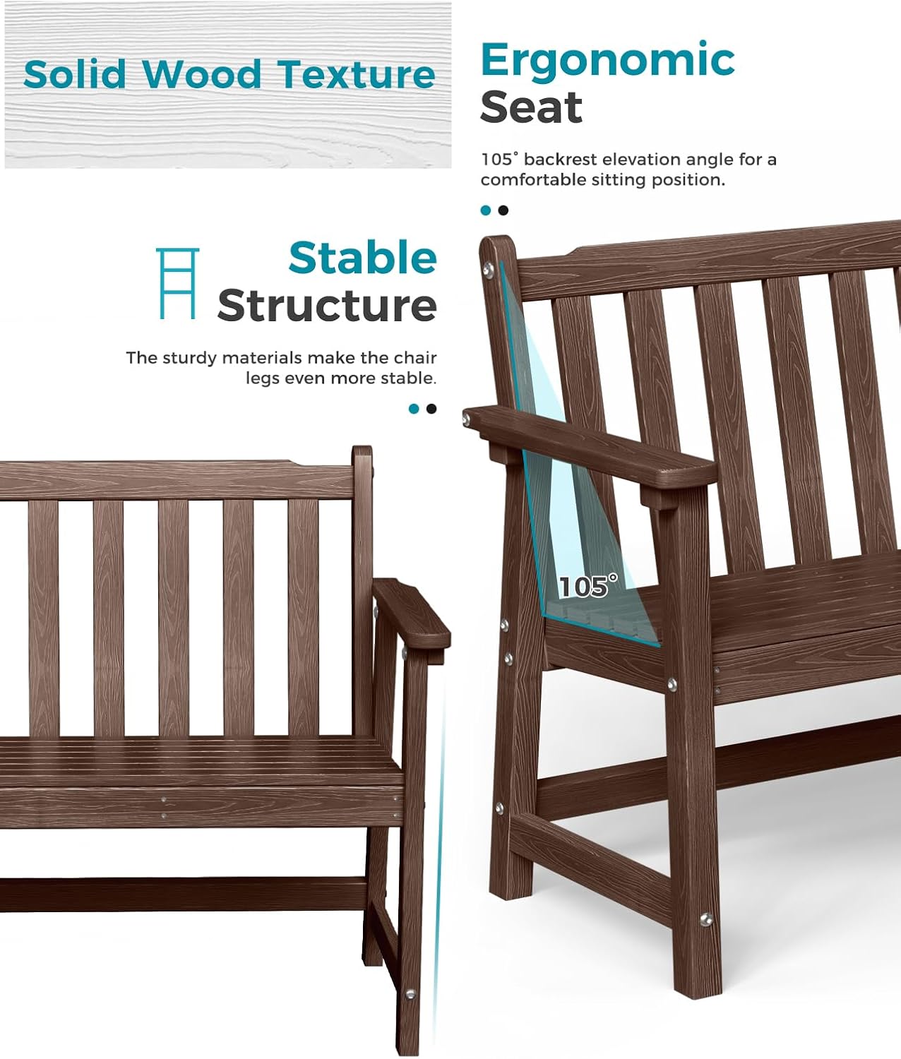 Outdoor Bench, 2-Person HDPE Garden Bench, All Weather Poly Patio Bench for Outdoors, Garden, Backyard, Porch and Park, 550 lbs Weight Capacity, Brown, 2 Pack