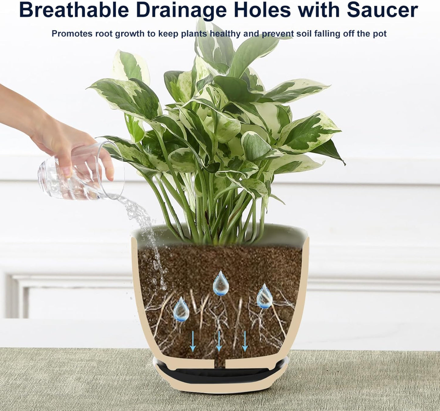 Sureasy Ceramic Indoor Plant Pots - 5.6 Inch Flower Pots for Plants with Drainage Hole and Saucer, Embossed Planter for Succulents, Orchid, Cactus, Indoor Home Decor, Set of 4, Blue