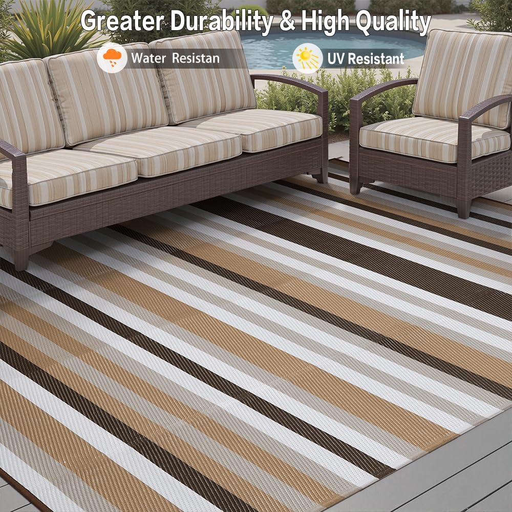 Outdoor Waterproof Rug 8'x10' Plastic Straw Rugs Washable Reversible Floor Mat Brown Stripe Carpet for Camping RV Deck Entryance Porch Picnic Balcony Beach Backyard