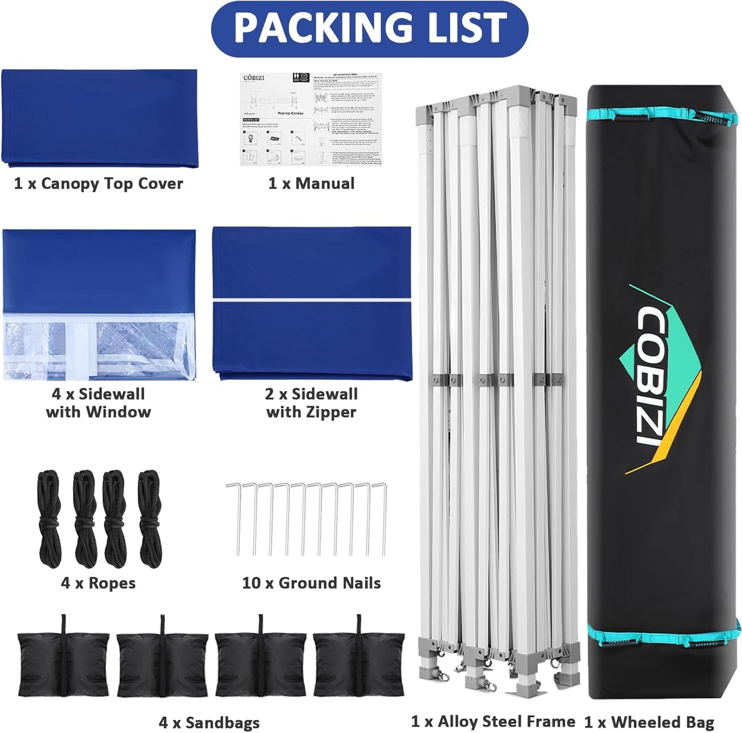 COBIZI 13x26 Pop Up Canopy with 6 Sidewall,Heavy Duty Canopy UPF 50+ All Season Wind Waterproof Commercial Outdoor Wedding Party Tents for Parties Canopy Gazebo with Roller Bag(13 x 26 ft Dark Blue)