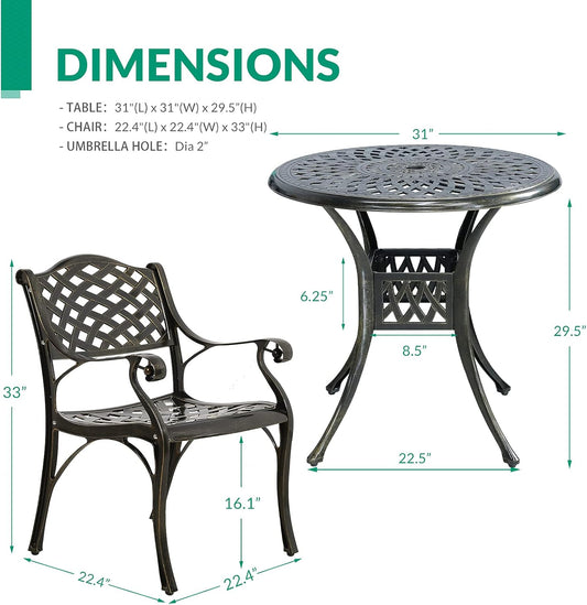 VIVIJASON 3-Piece Patio Bistro Set, All-Weather Cast Aluminum Outdoor Furniture Dining Set, Include 2 Chairs and 31" Round Table w/Umbrella Hole for Balcony, Lawn, Garden, Backyard, Antique Bronze