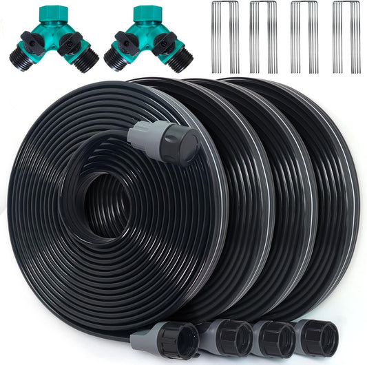 Sprinkler Hose with Holes, Flat Soaker Hose 100 Ft (25 ft 4pack) with Garden Staples and Splitters, Watering Drip Irrigation Hoses for Lawn, Vegetable and Garden Beds (100 ft)