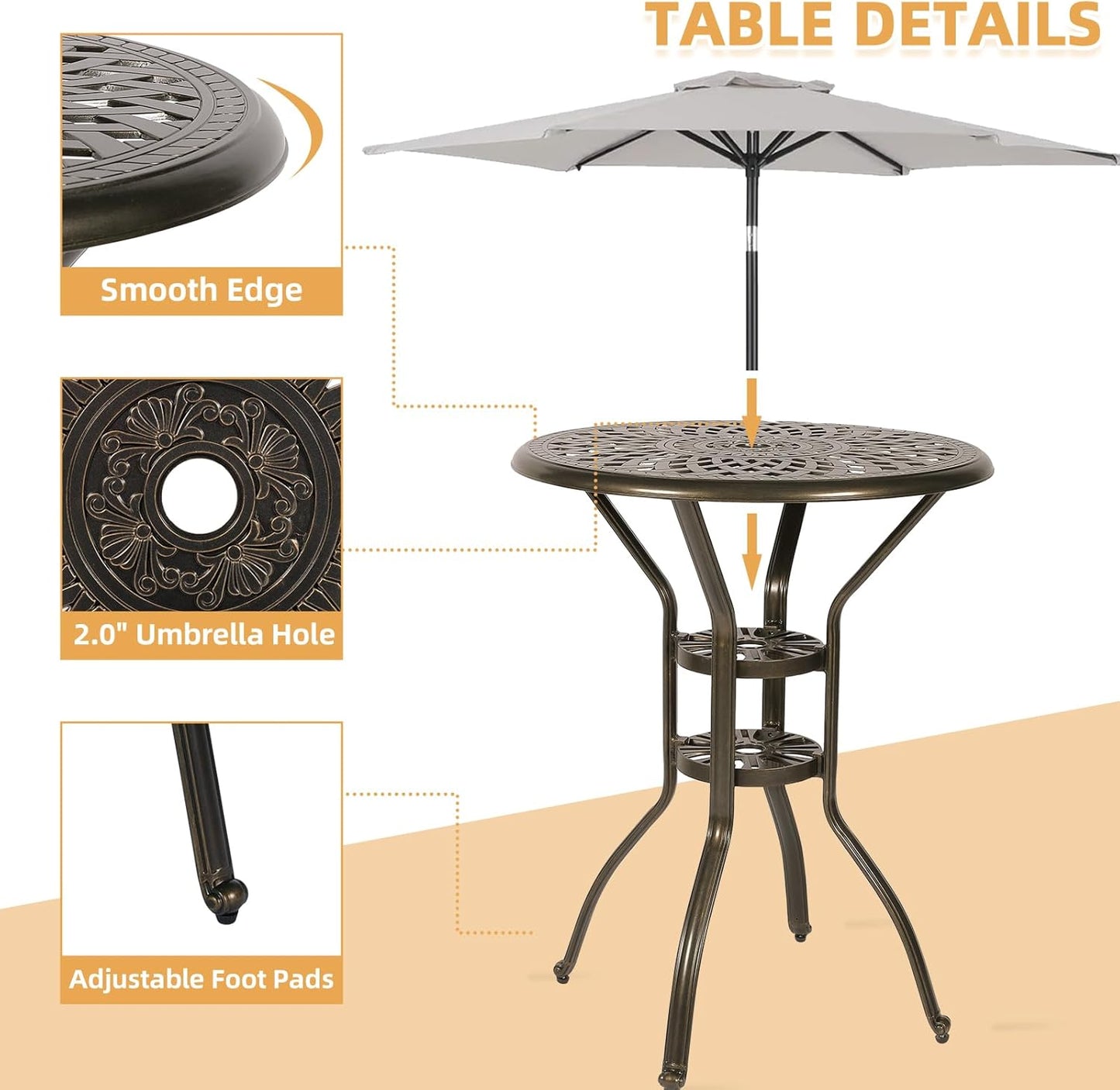 3 Pieces Patio Swivel Bar Set, Patio High Top Bar Table and Chairs Set, All-Weather Cast Aluminum High Swivel Bar Stools Chair Set of 2 and 31" Table, Patio Bistro Set for Garden, Balcony