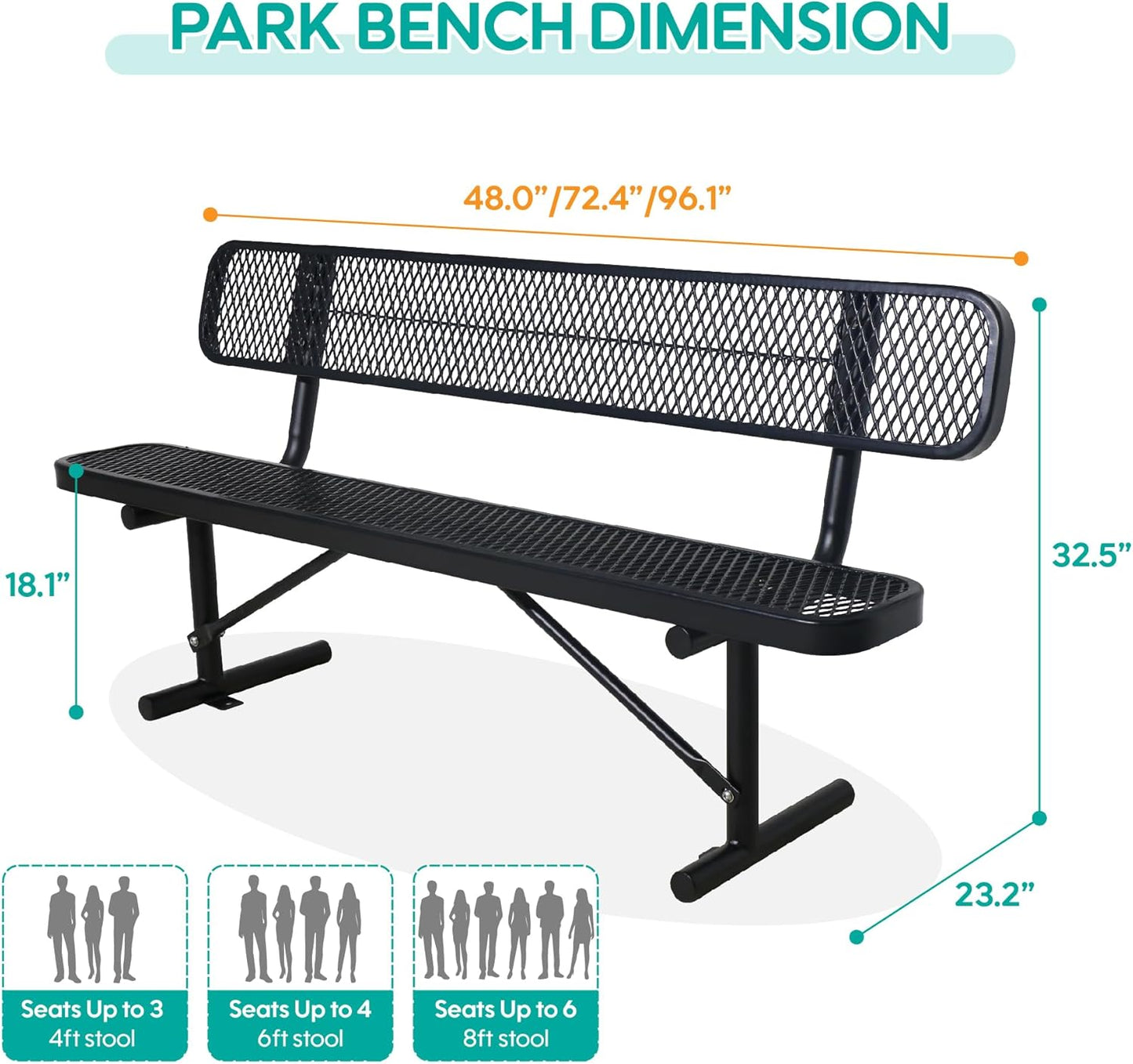 4FT Outdoor Steel Bench with Backrest - Heavy Duty Metal Park Bench, Coated Outdoor Furniture Patio Bench with Back, Commercial Benches for Garden, Porch, Shopping Malls, Stores,Decks and Park