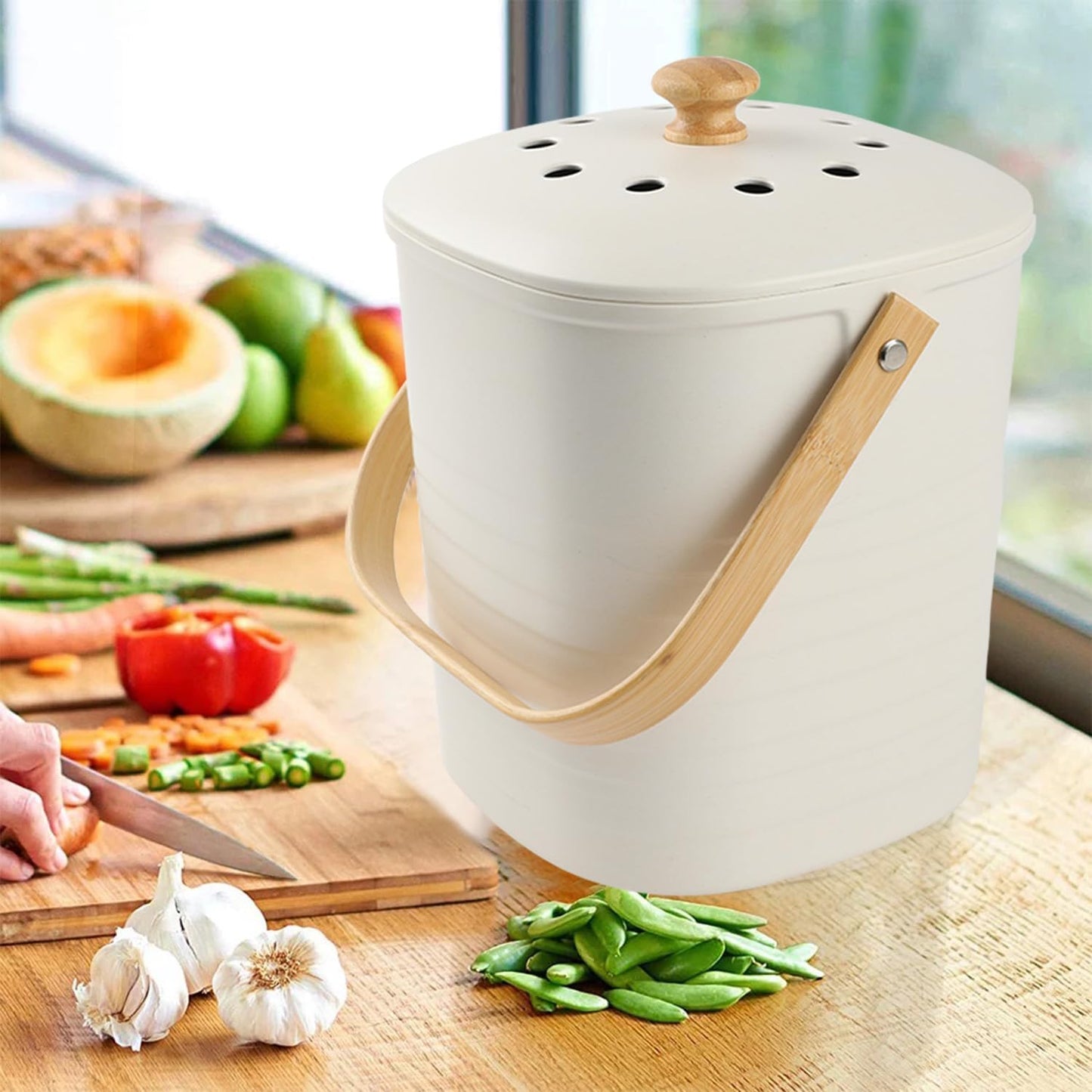 Compost Bin, LALASTAR Compost Bin Kitchen Counter with Lid, Made of Sustainable Bamboo Fiber, Odorless Indoor Compost Bin, 1 Gallon, Cream, Square