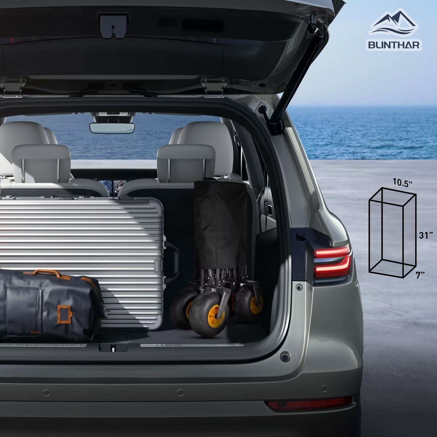 Beach Wagon with Big Wheels for Sand, Heavy Duty Collapsible Folding Wagon with All-Terrain 9" Pneumatic Tires & Drink Holders, Utility Wagon for Garden Sports Camping Outdoor Activities