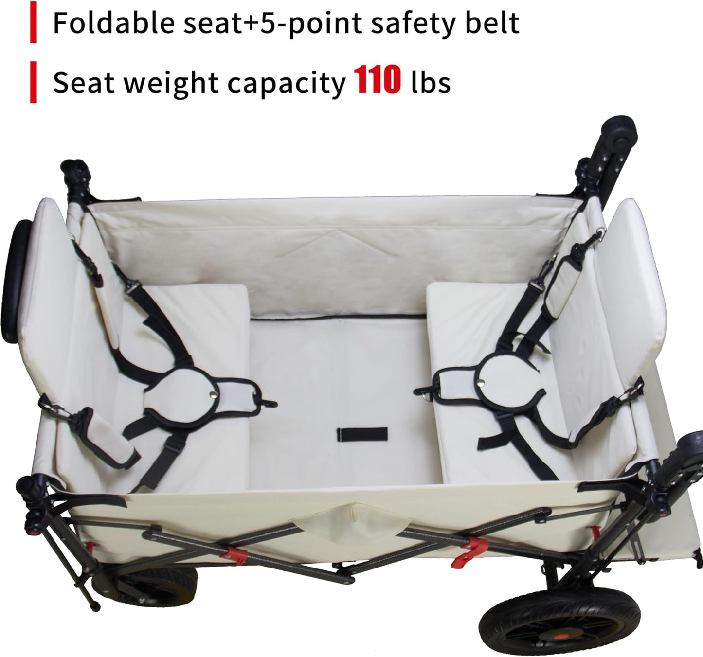 TMZ Collapsible Foldable Wagon Cart with Quick-Release Wheels and 2 Seats, Heavy Duty Wagon 265LBS Load Capacity for Camping Garden Shopping (Beige)