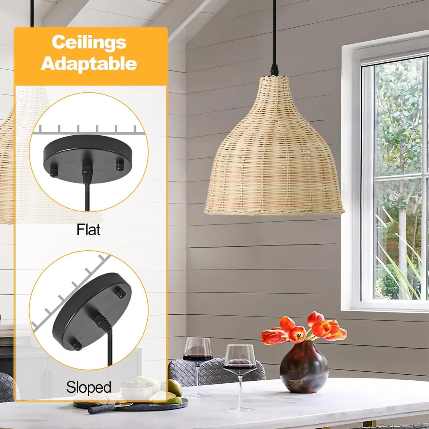 TERLEENART Hard Wired Rattan Pendant Lights Set of 2,Boho Wicker Chandelier with 9.84” Dome Shade, Basket Hand Woven Hanging Lamp for Coastal Kitchen Island Dining Room Living Room Bar Foyer Hallway