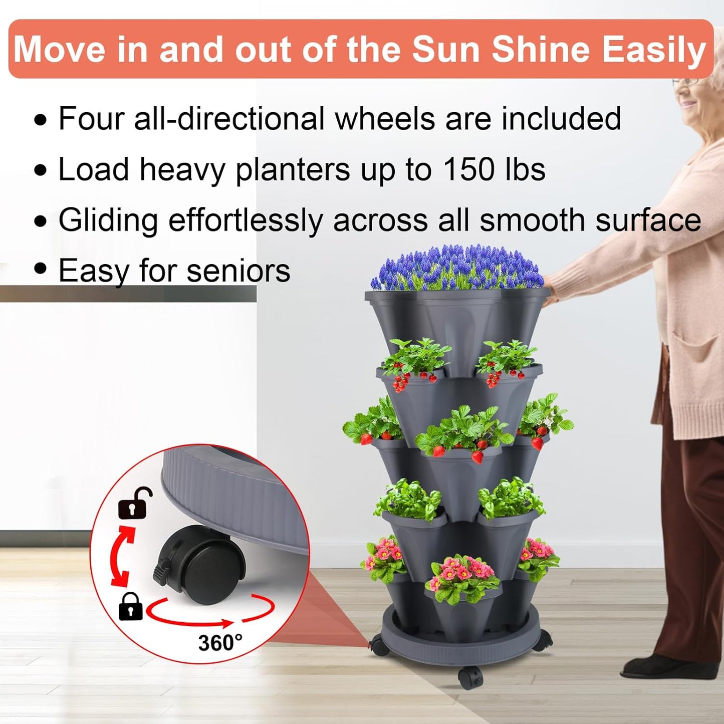 DUNCHATY Stackable Planter, Dark Gray, 5-Tier Garden Tower with Wheels, Self-Watering, Polypropylene Plastic, Indoor/Outdoor Use