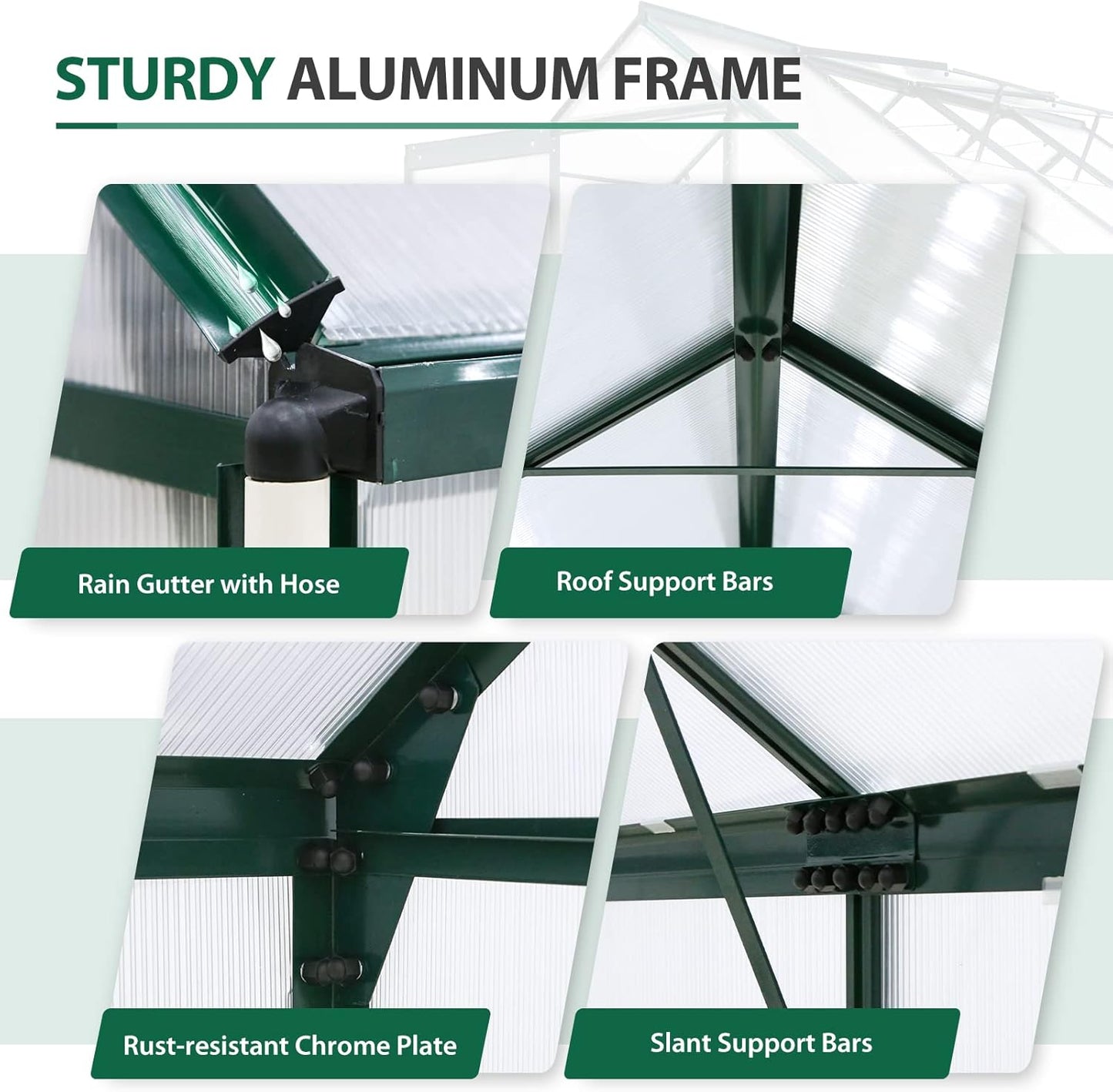 EAGLE PEAK 6x8x7 Outdoor Walk-in Hobby Greenhouse with Adjustable Roof Vent and Rain Gutter, Base and Anchor, Polycarbonate Aluminum Green House for Backyard Garden, Dark Green