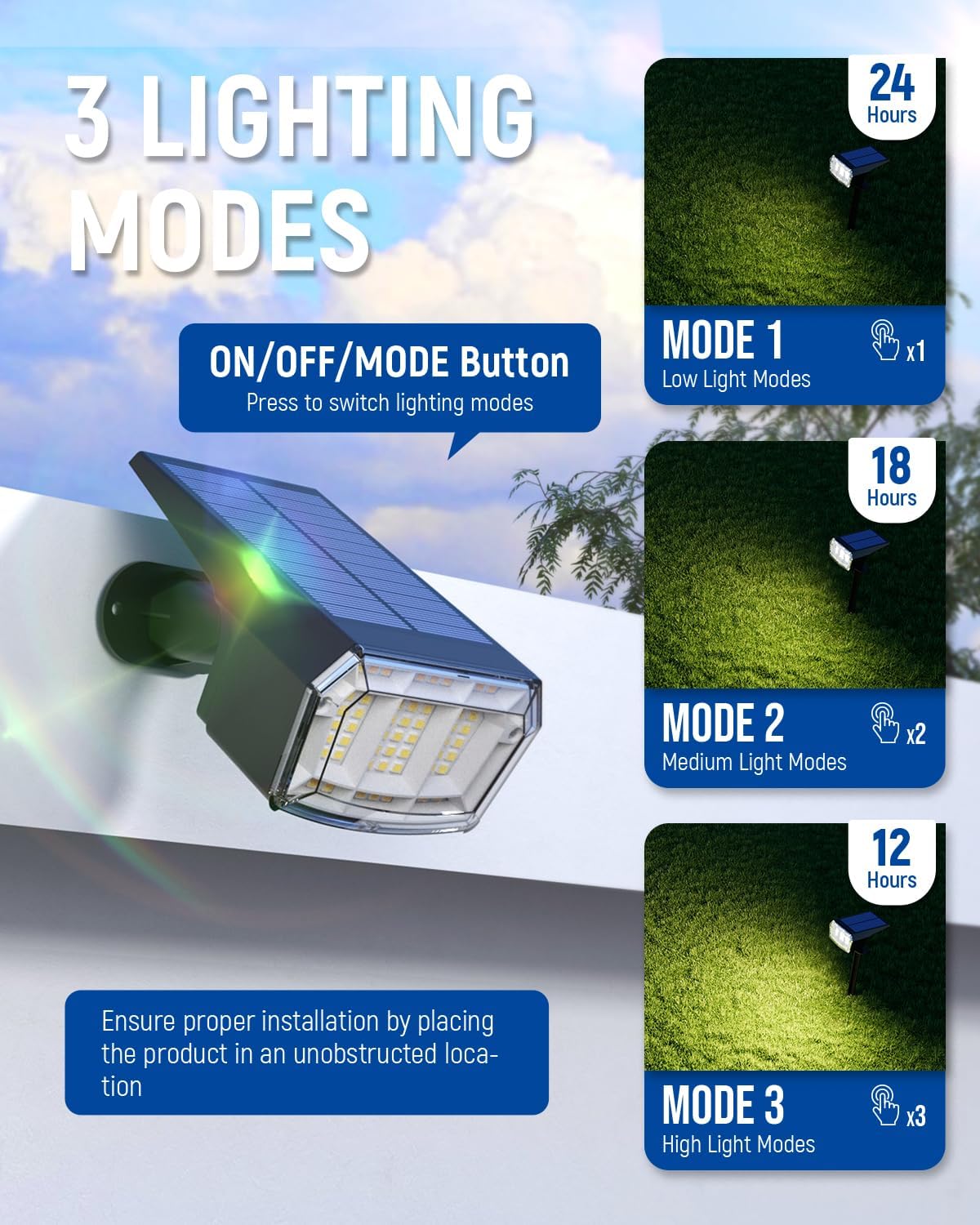 Solar spotlights Outdoor 63 LED 3 Lighting Modes, IP65 Waterproof Lighten Yard Garden House Garage Pathway for Christmas Decorations-2 Pack