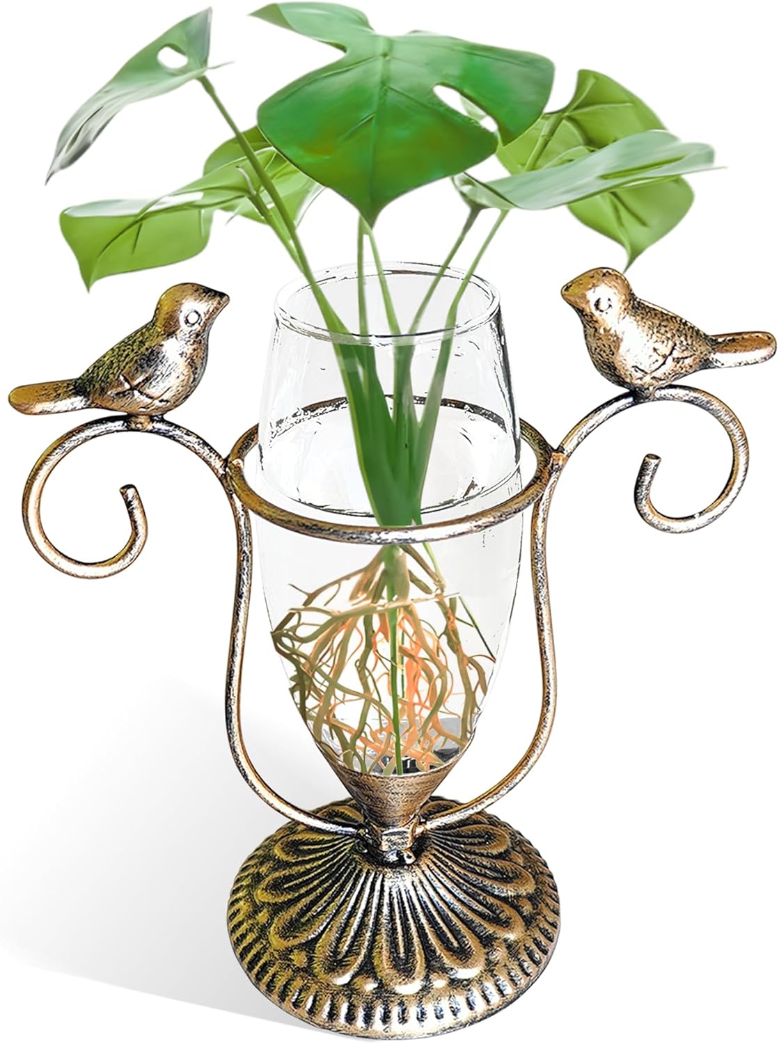 POXOH Vintage Glass Planter - Metal & Glass Propagation Vase with Gold Dual Birds Art, Retro Indoor Planter for Hydroponic Plants, Office Desk Decor, Living Room Centerpiece