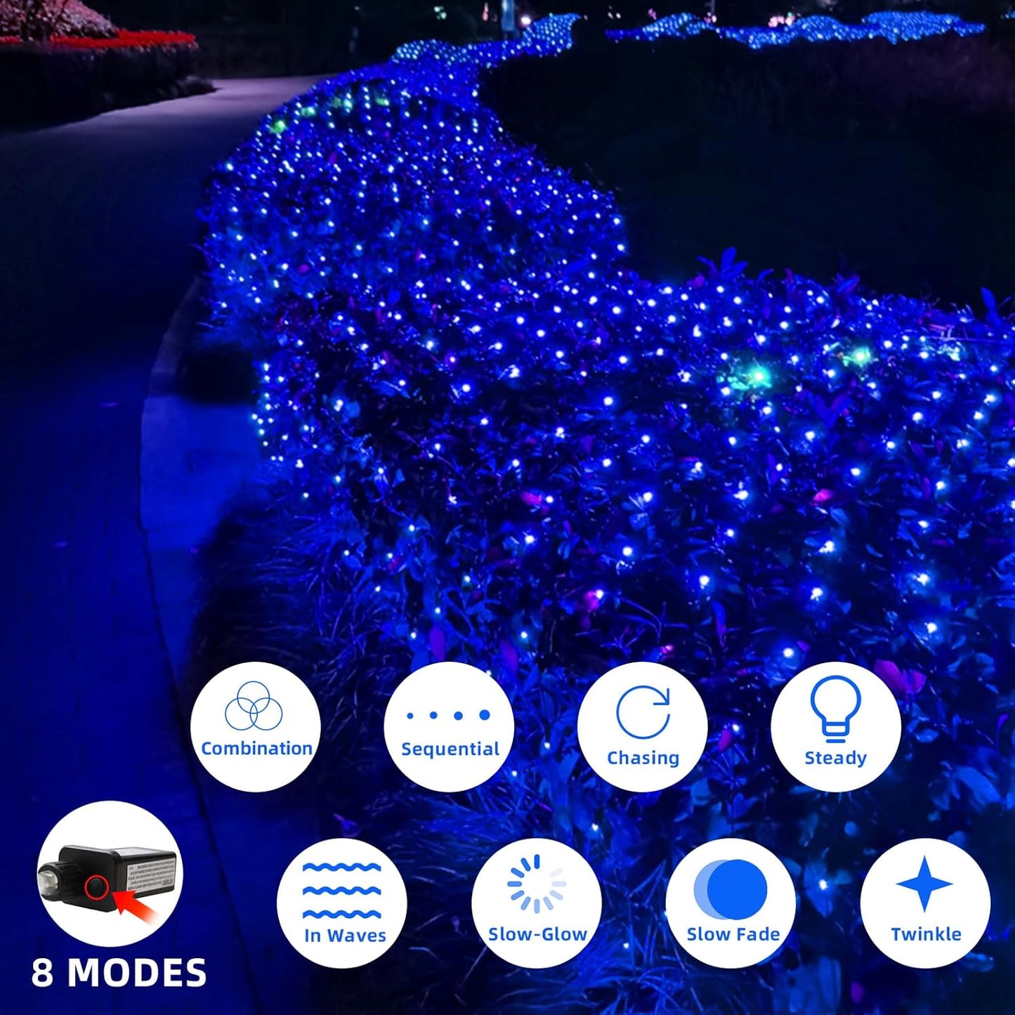 Net Mesh String Lights Waterproof, 200 Light Bubbles, 8 Lighting Modes, for Indoor Outdoor, Curtain, Christmas Tree, Bush, Party, Wedding, Fairy, Wall Decoration (9.8 ft x 6.6 ft, Blue)