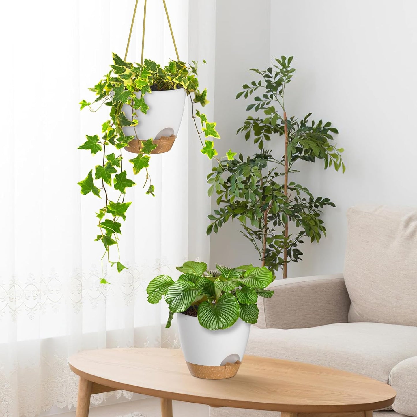 ZMTECH 6.5 Inch Hanging Planters for Indoor Outdoor Plants, 2 Pack Self Watering Hanging Plant Pots with Drainage Holes and Removable Saucer, Plastic Flower Hanging Pots with Watering Lip (White)