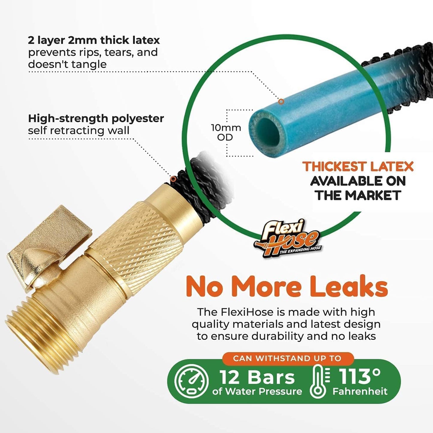 Flexi Hose with 8 Function Nozzle, 25FT - Lightweight Expandable Garden Hose, No-Kink Flexibility, 3/4 Inch Solid Brass Fittings and Double Latex Core