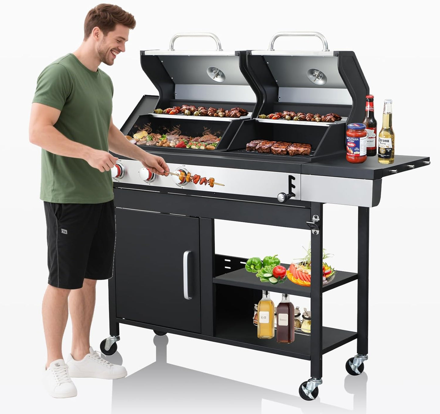 3 Burner Propane Gas BBQ Grill with Side Burner, Porcelain-Enameled Cast Iron Grates, Smoke Control Handle, 37,230 BTU Stainless Steel Grill for Outdoor Camping Barbecue Grilling Backyard Cooking