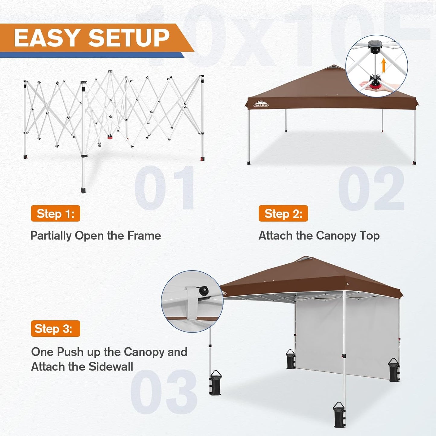 EAGLE PEAK Pop Up Canopy Tent with 1 Sidewall, Easy Setup Event Tent, Outdoor Sun Shade, Wheeled Carry Bag, Stakes and Guy Ropes, Instant Canopy 10x10, Dark Brown