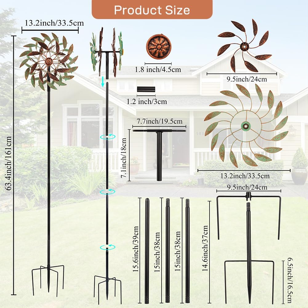 VEWOGARDEN 360° Outdoor Metal Wind Spinners Kinetic Wind Sculptures & Spinners for Yard Garden Lawn Patio Decorations, Light Green & Bronze