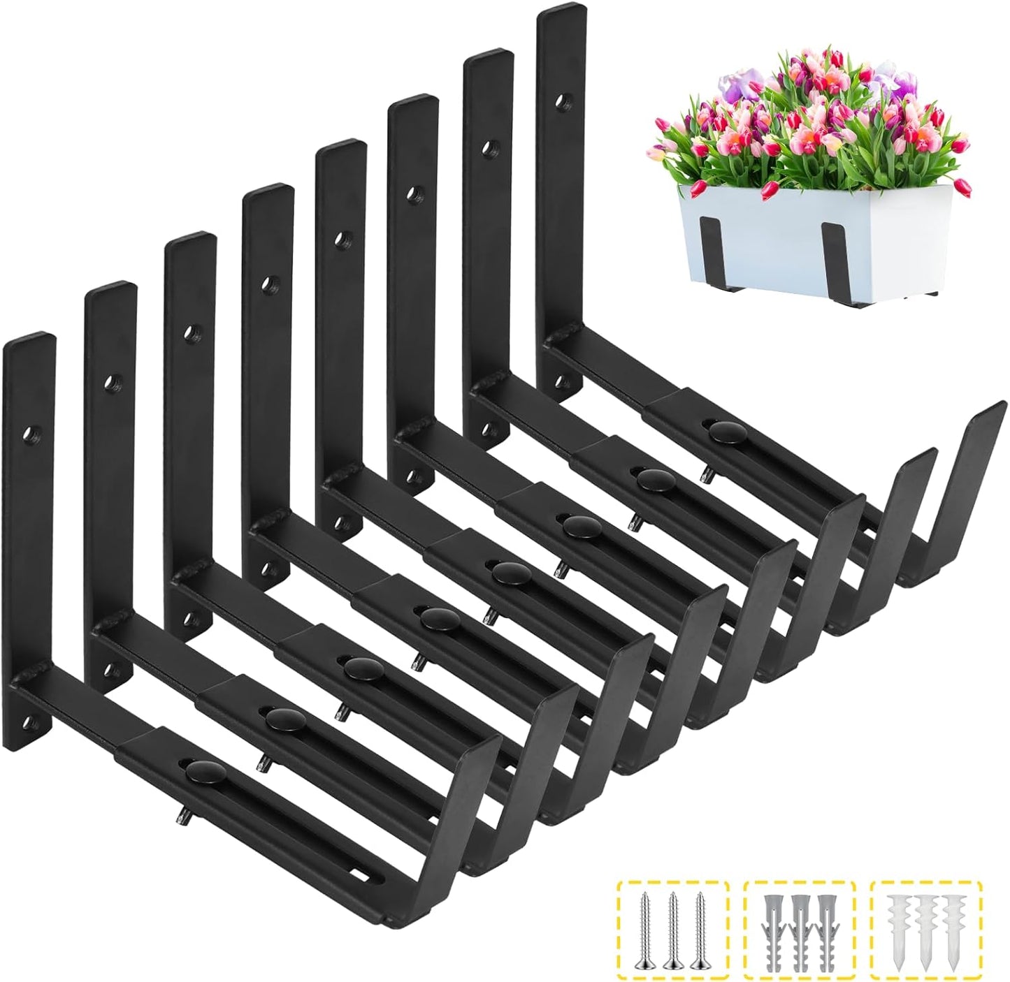 LukLoy Window Planter Box Brackets, 8 Pack Adjustable Heavy Duty Wall Mount Window Flower Boxes Outdoor with Bracket (6 to 12 in), with 70lbs Capacity, Black