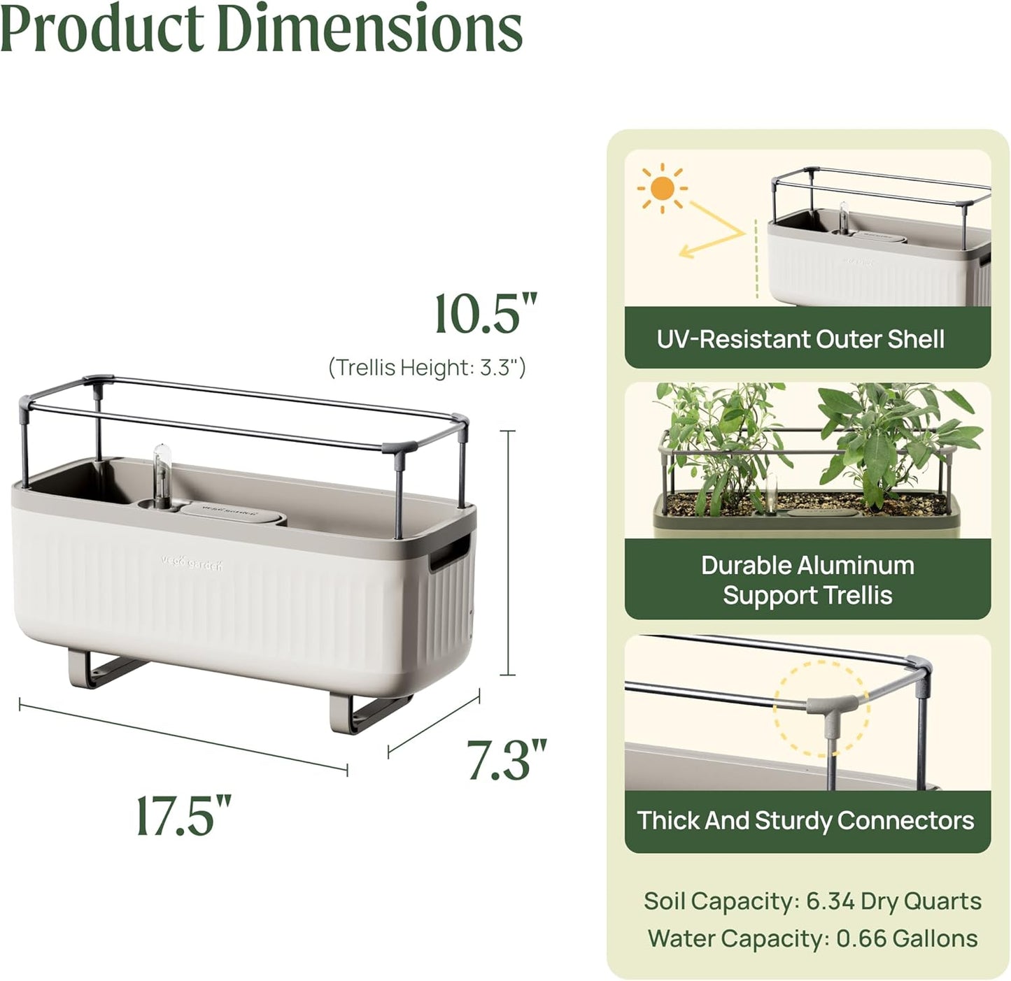 Vego garden Herb Planter Indoor Box with Trellis Self-Watering Raised Garden Bed for Climbing Vegetables Plants Cage - Cream White