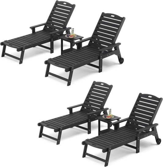 LUE BONA Chaise Lounge Chairs Set with Table, 6-Piece, 79'' Oversized HDPS Chaise Lounger, 5 Positions Adjustable Lounge Chairs, Pool Lounge Chair with Wheels for Poolside, 3 Year Warranty, Black
