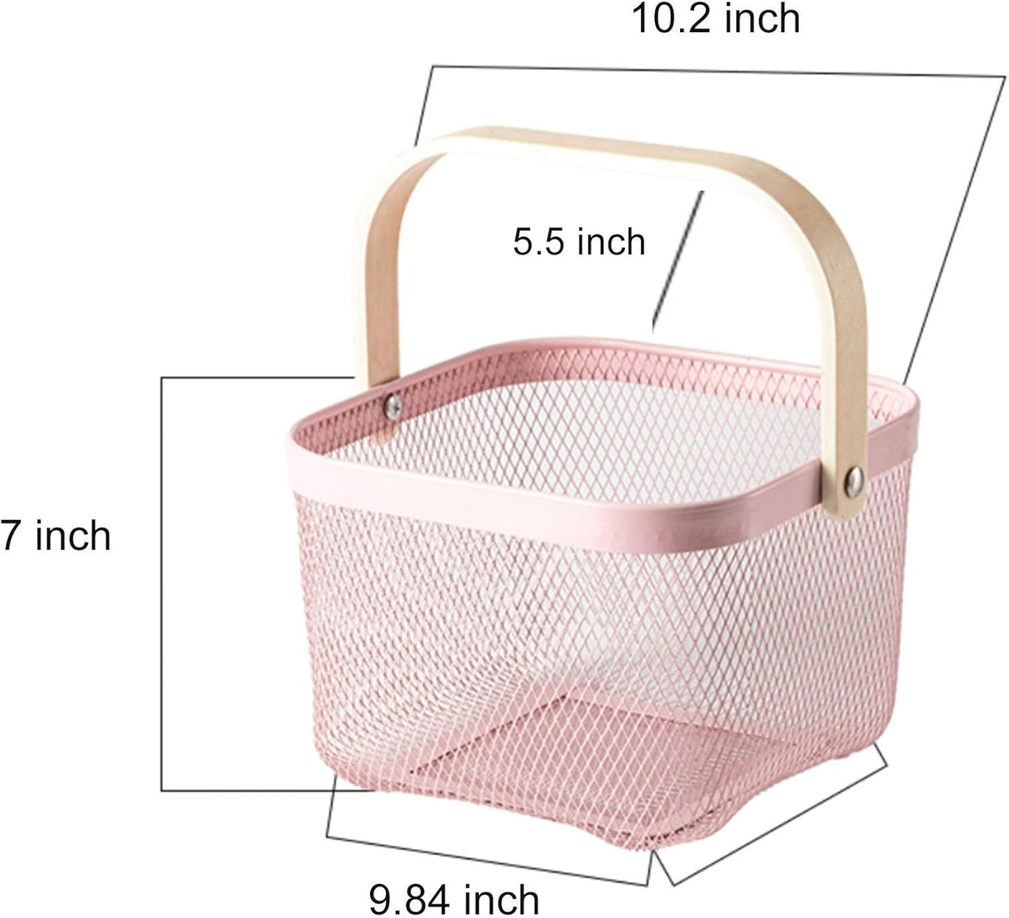 Metal Mesh Steel Basket, Storage Organizer Basket Multi-functional Hanging Kitchen Baskets Fruit Basket Bin with Bamboo Handle for Kitchen Bathroom Picnic Shopping Decor Cabinet Home, Pink