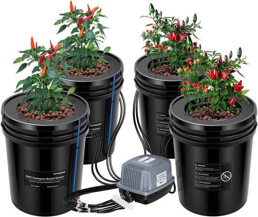 VIVOSUN DWC Hydroponics Grow System with Top Drip Kit, 5-Gallon Deep Water Culture, Recirculating Drip Garden System with Multi-Purpose Air Hose, Air Pump, and Air Stone (4 Buckets + Top Drip Kit)