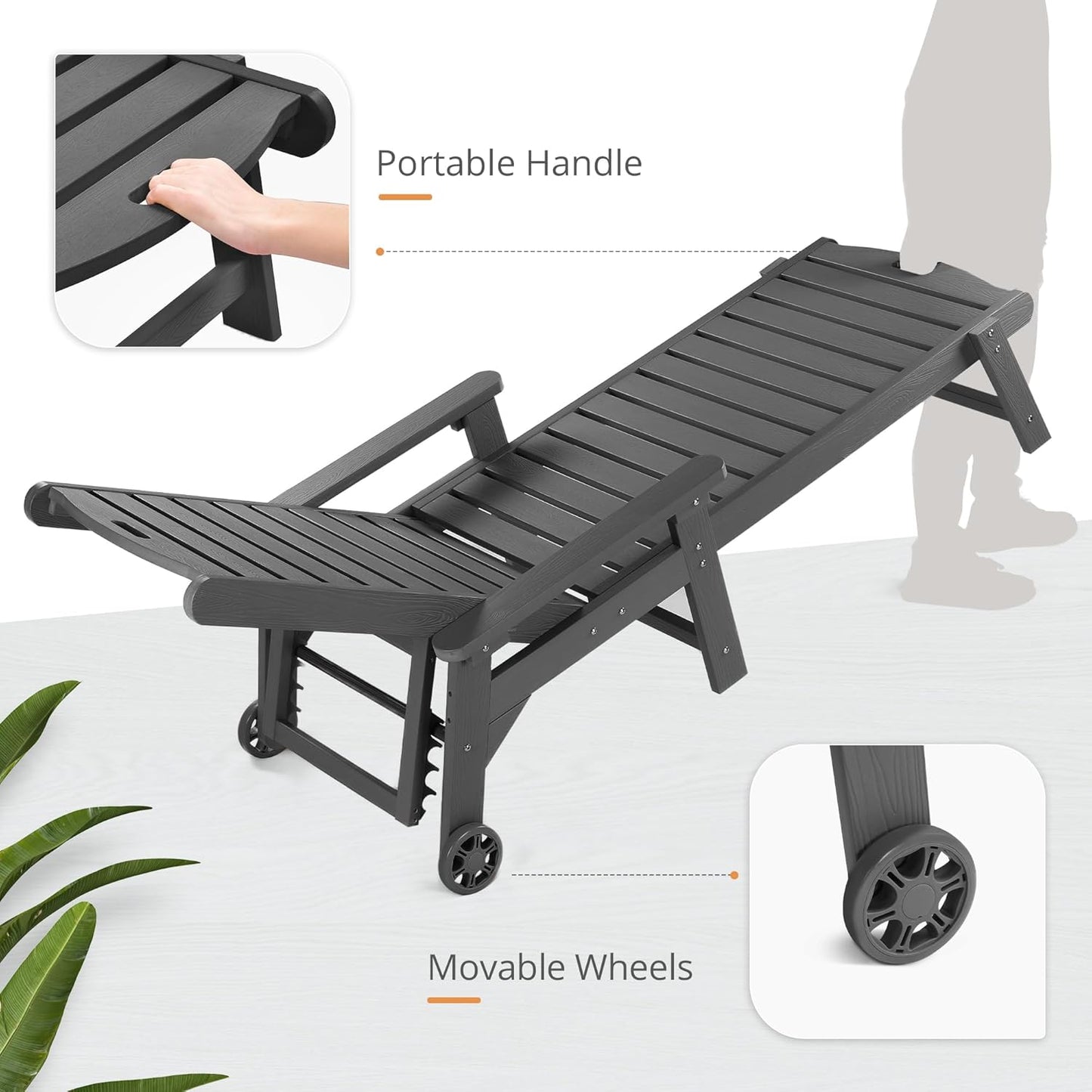 LUE BONA Outdoor Chaise Lounge Chairs Set of 4, 79'' Oversized HDPS Chaise Lounger, 5 Positions Adjustable Lounge Chairs, Pool Lounge Chair with Wheels for Poolside, 3 Year Warranty, Dark Gray