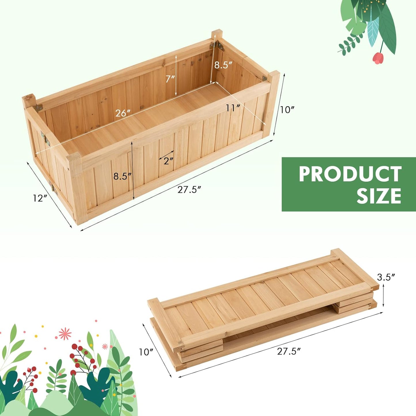 GRAFFY Raised Garden Bed, Folding Wood Planter Box w/Removable Bottom & Drainage, Elevated Planter for Flower Herb Vegetable Fruit, Plant Container for Grass Lawn Patio Backyard (27.5"D x 12"W x 10"H)