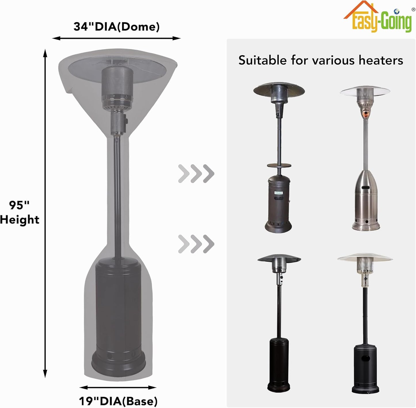 Easy-Going Stand-Up Patio Heater Cover with Zipper and Storage Bag, Waterproof Outdoor Heater Cover Dustproof, UV-Resisant, Wind-Resistant (95" H x 34" D x 19" B, Grey)