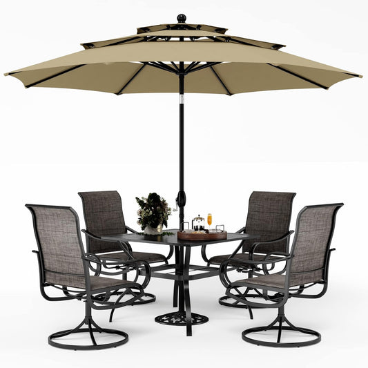 PHI VILLA Patio Dining Set with Umbrella for 4, Outdoor Table & Chairs Set with 4 Padded Swivel Patio Dining Chairs, 1 Square Metal Dining Table and 10ft Beige Large Patio Umbrella (No Umbrella Base)