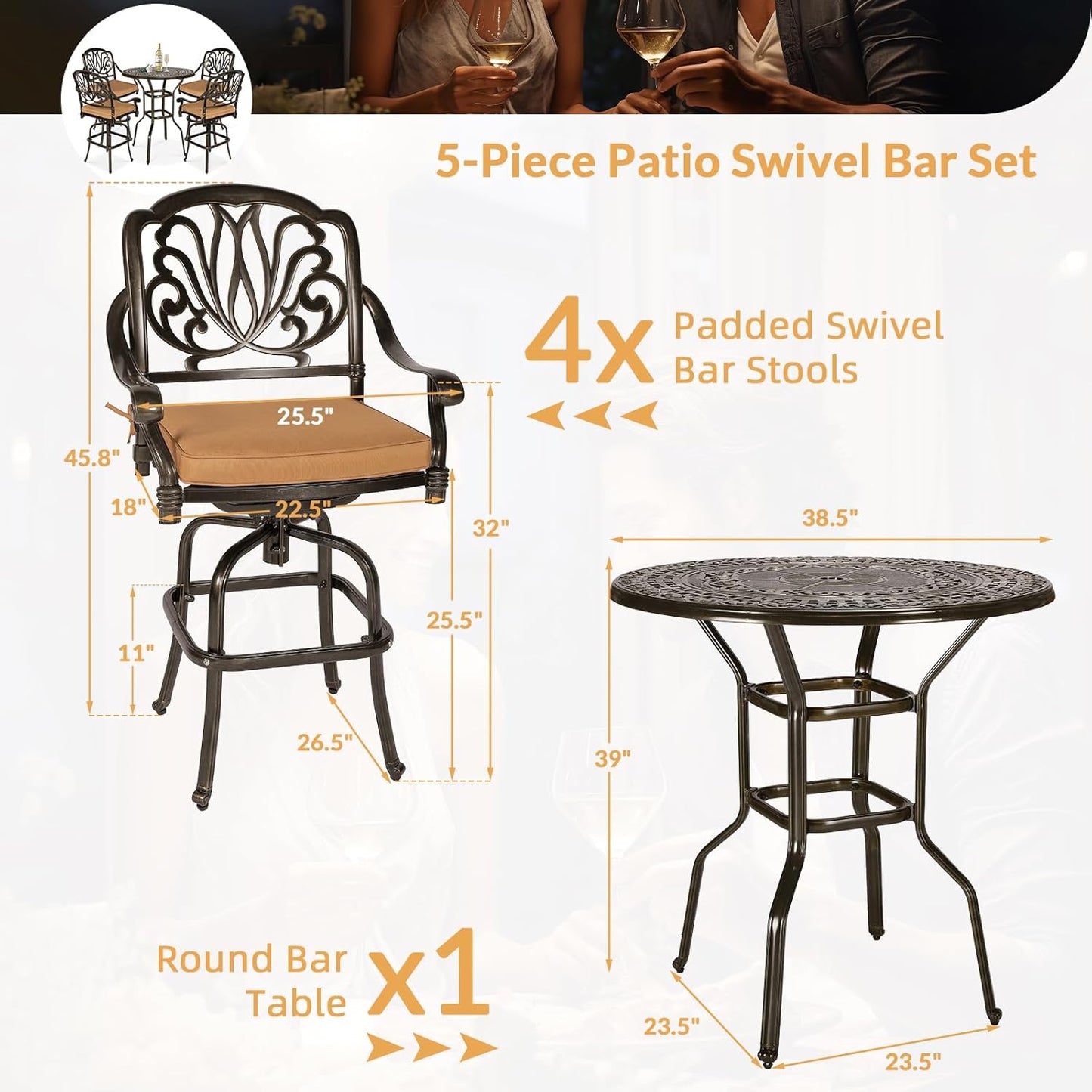 5 Pieces Patio Swivel Bar Set, Patio Bar Table and Chairs Set, All-Weather Cast Aluminum Outdoor Swivel Bar Stools of 4 and 38.5" Bar Height Table, High Top Bistro Set for Deck, Pool, Garden
