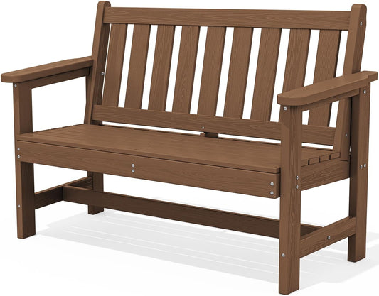 SERWALL Outdoor Bench, HDPE Outdoor Benches Weatherproof, 2-Person Garden Bench with 660 lbs Weight Capacity, Patio Benches for Outdoors, Garden, Porch, Backyard and Park, Brown