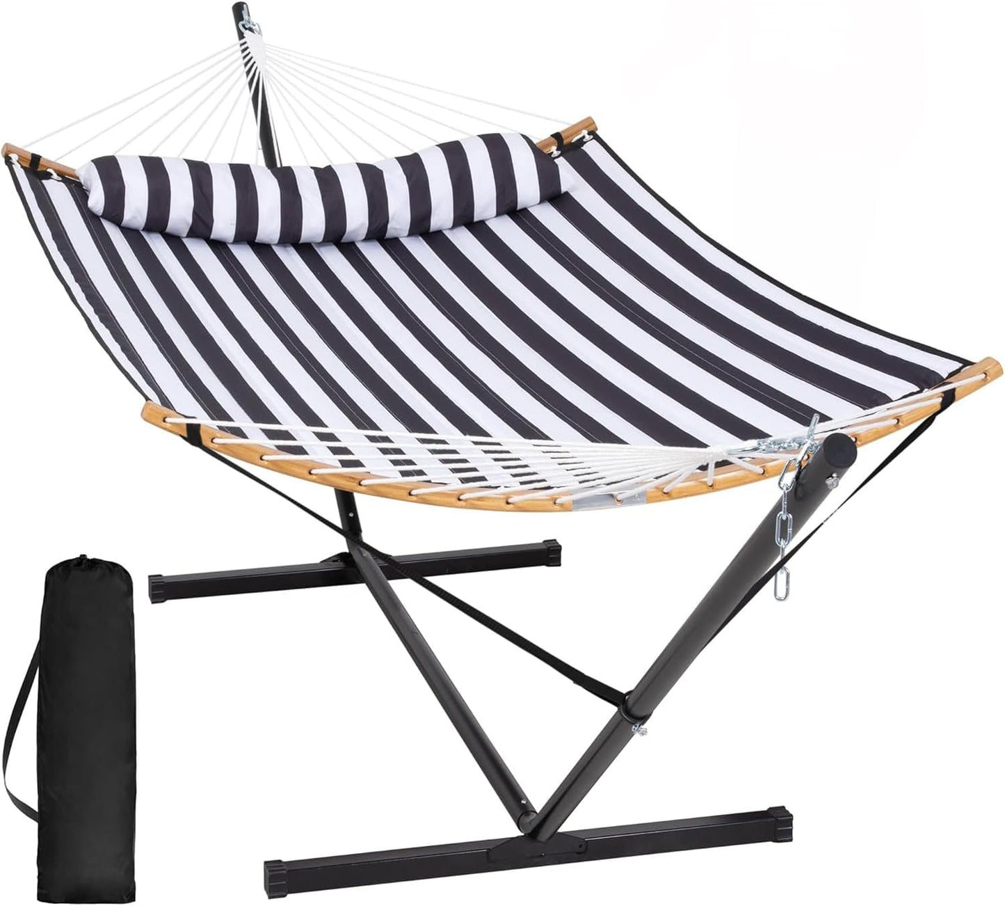 SUNCREAT Hammocks Extra Large Hammock with Stand Included, Double Hammock with Curved Spreader Bar, Black Stripes