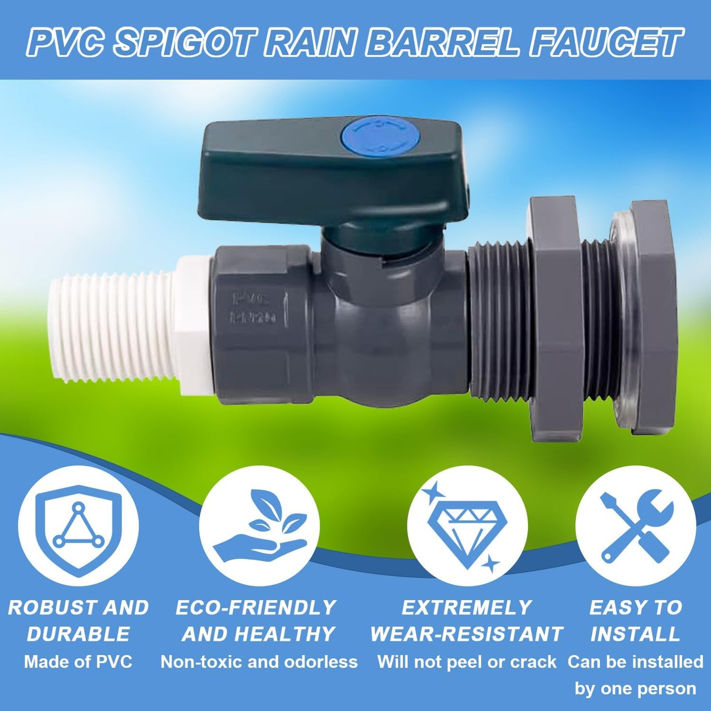 2 Pack PVC Rain Barrel Spigot Kit -3/4" Rain Barrel PVC Garden with Bulkhead Fitting Garden Hose Faucet Adapter and Thread Seal Tape for Water Tanks, Aquariums, Tubs, Pool, Garden Barrel