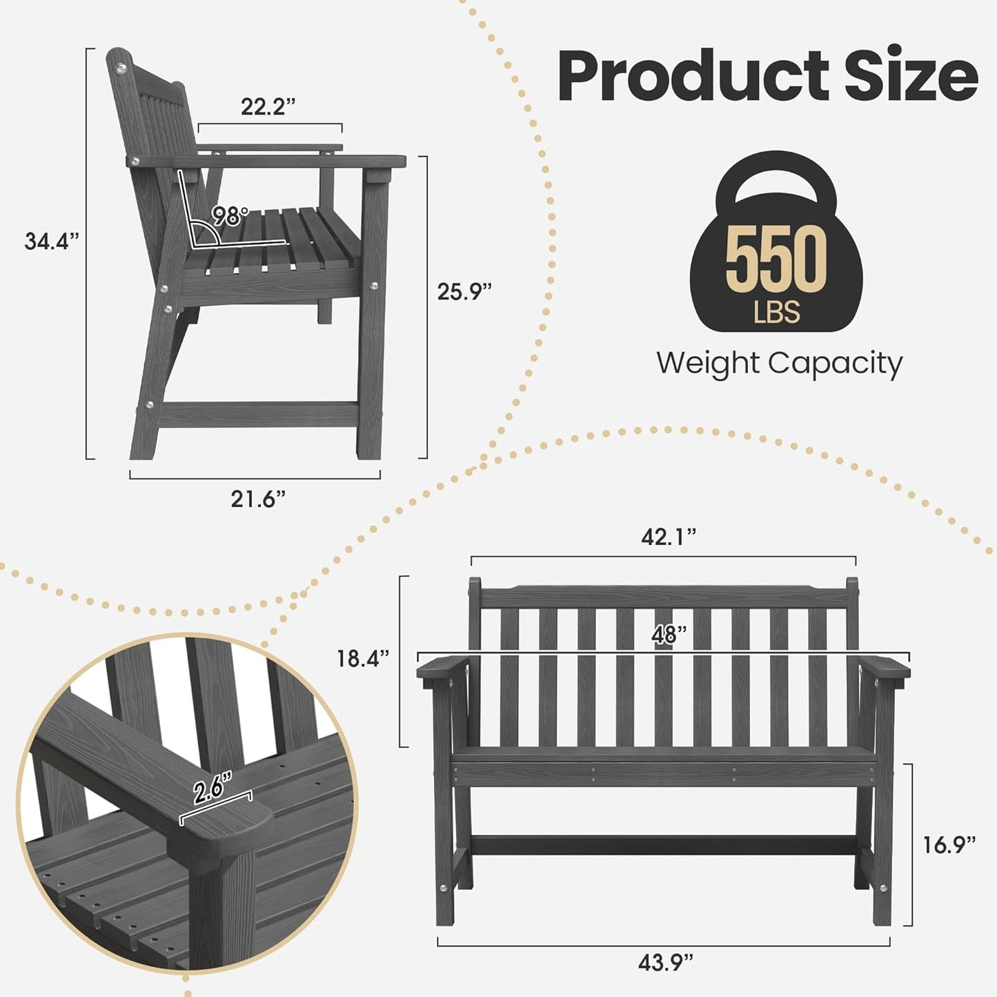 Ciokea 44" Outdoor Bench, HDPE Weatherproof Garden Bench, 2-Person Porch Benches with 550 Lbs, Waterproof Patio Benches for Outside Balcony Deck Backyard, Dark Grey