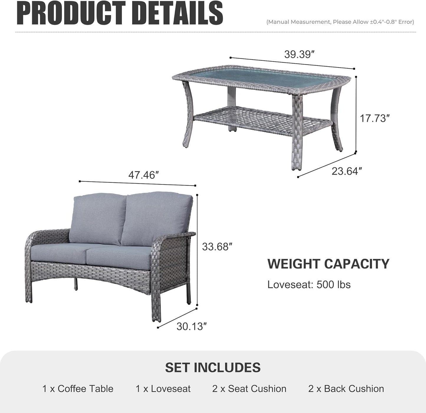 HOOOWOOO Patio Furniture Set,Outdoor High Back Loveseat Set,All Weather Wicker 2-Seater-Sofa Love Seat with Table,Dark Gray