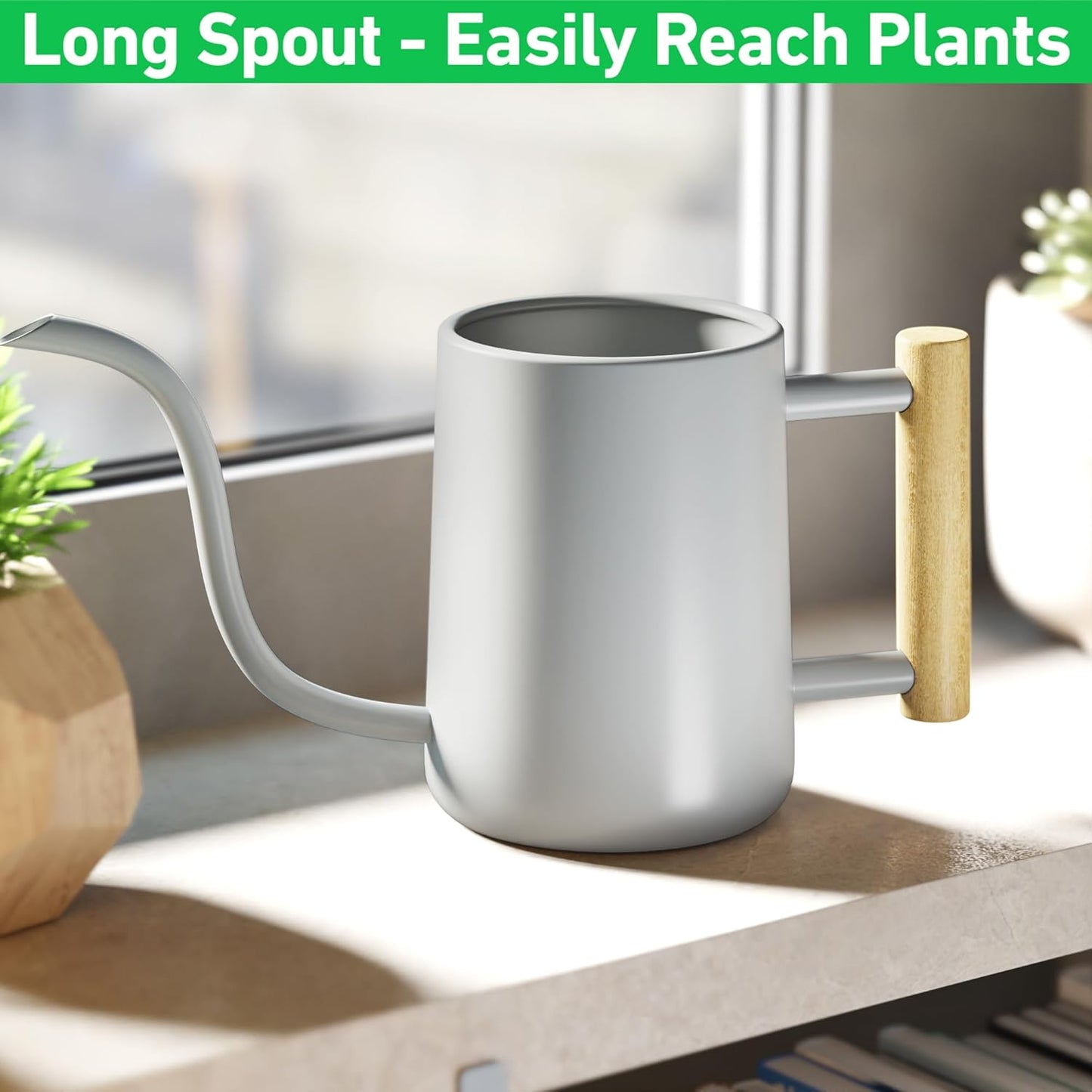 35 oz Metal Small Indoor Watering Can with Long Spout & Real Wood Handle for House Plants, Succulents, Cacti & Seedlings - Gray Long Spout Watering Can Indoor Plants - Stylish, Gentle Flow, No Spills