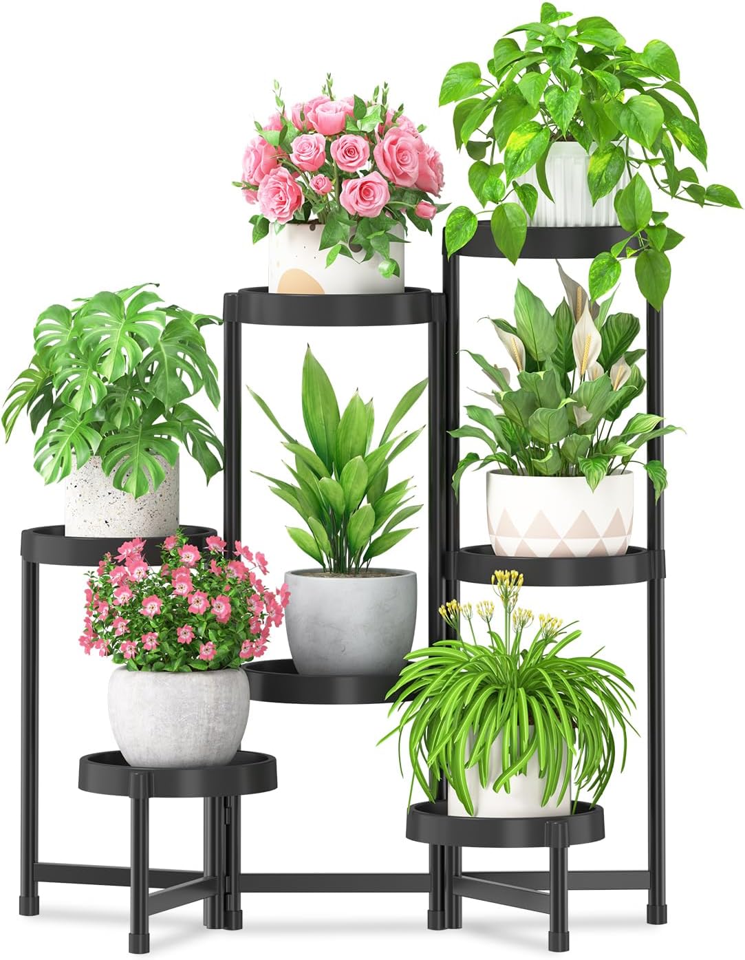iDavosic.ly 7 Tier Folding Plant Stand Indoor Outdoor with Plastic Tray, Tiered Corner Flower Holder Shelf, Metal Orchid Display Rack for Patio Porch Living Room Garden Balcony, Modern Black