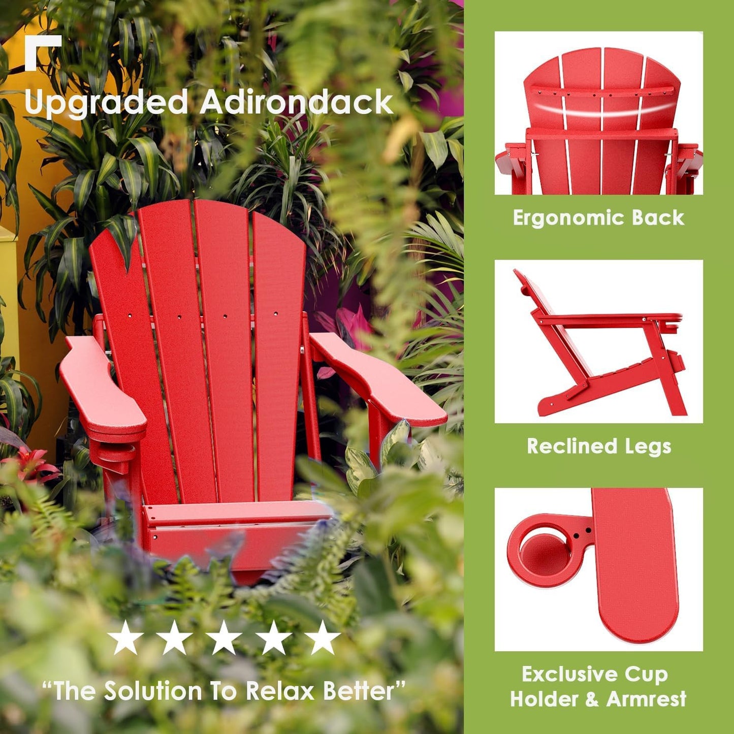 GREENVINES Folding-Adirondack-Chair | HDPE Plastic | Fire Pit Chairs | All Weather | Cup Holder | Red | for Deck Backyard Patio Outdoor Garden