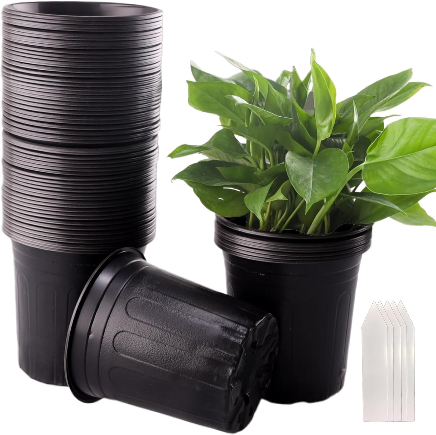 50 Pack 1 Gallon Flexible Plant Nursery Pots Plastic Seedling Starting Pots with Drainage Holes Soft Flower Pots Plant Container with Plant Labels, Black