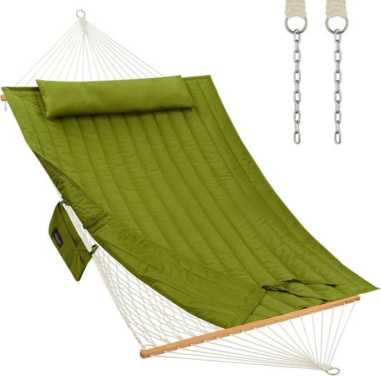 Outdoor Double Hammock with Hardwood Spreader Bars, Large Rope Hammock with Polyester Pad and Pillow, 475 LBS Capacity for 2 Person Patio Backyard Poolside - Green