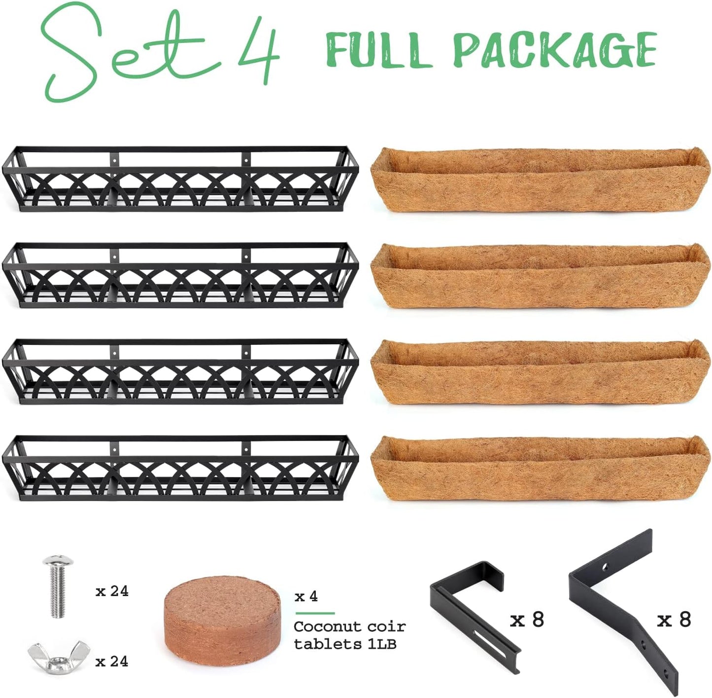 Window Box Railing, 36 Inch Black Metal Hanging Flower Planter Basket with Coco Liner for Outdoor Balcony Porch Fence Patio for Home, Office and Hotel (Black - 4 Pcs/Set)