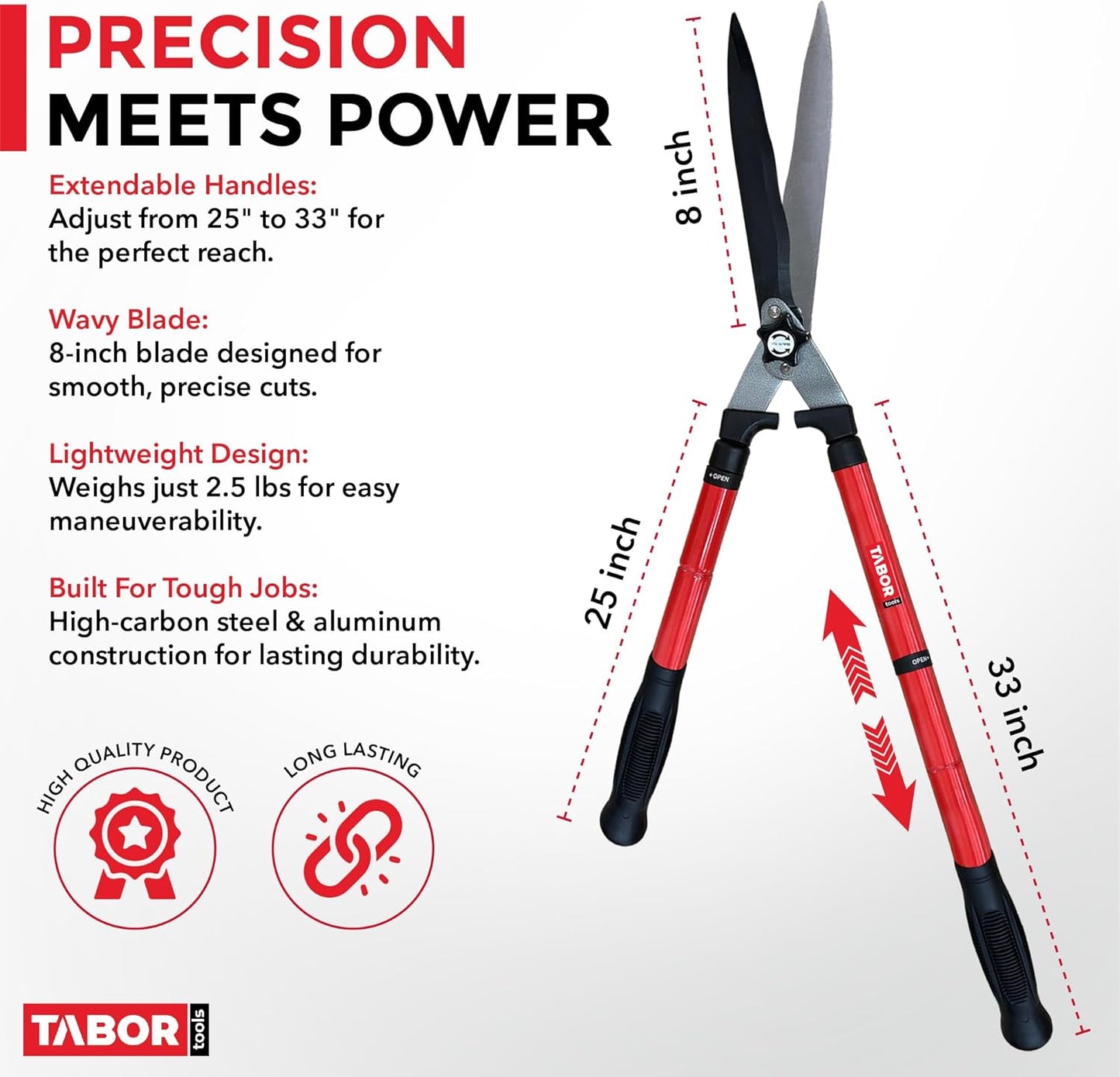 TABOR TOOLS B212A Telescopic Hedge Shears with Wavy Blade and Extendable Steel Handles. Extendable Manual Hedge Clippers for Trimming Borders, Boxwood, and Tall Bushes.