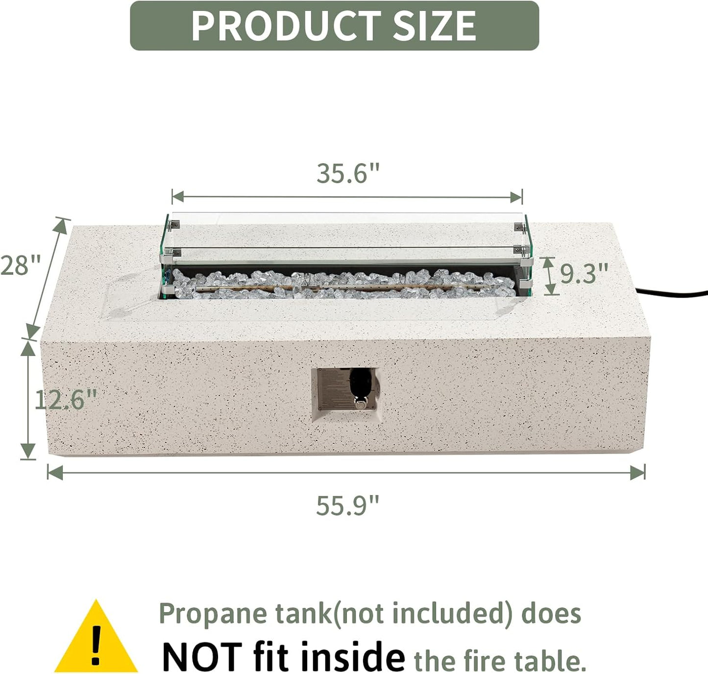 COSIEST Outdoor Propane Fire Pit Table, 56" x 28" Rectangle Terrazzo White Concrete-Like Finish, CSA Certified, 50,000 BTU Stainless Steel Burner w Transparent Gray Fire Glass, Wind Guard, Raincover