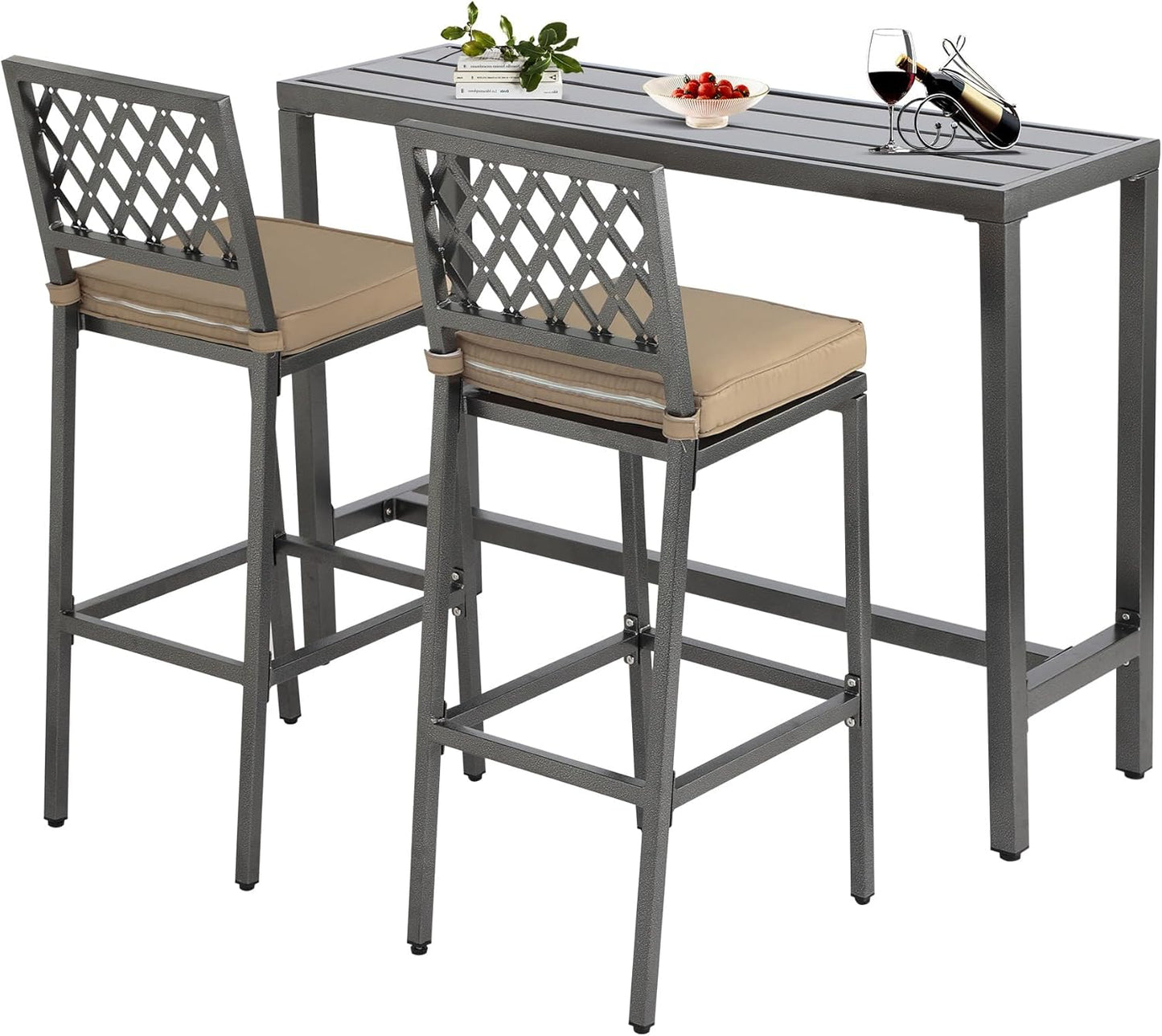 Outdoor Patio Bar Set, Bar Height Patio Dining Set, Weather-Resistant Bistro Counter Pub Set with Cushions & Slatted Tabletop for Backyard, Garden, Yard (47" Table, 2 "X Style Stool, Gray)